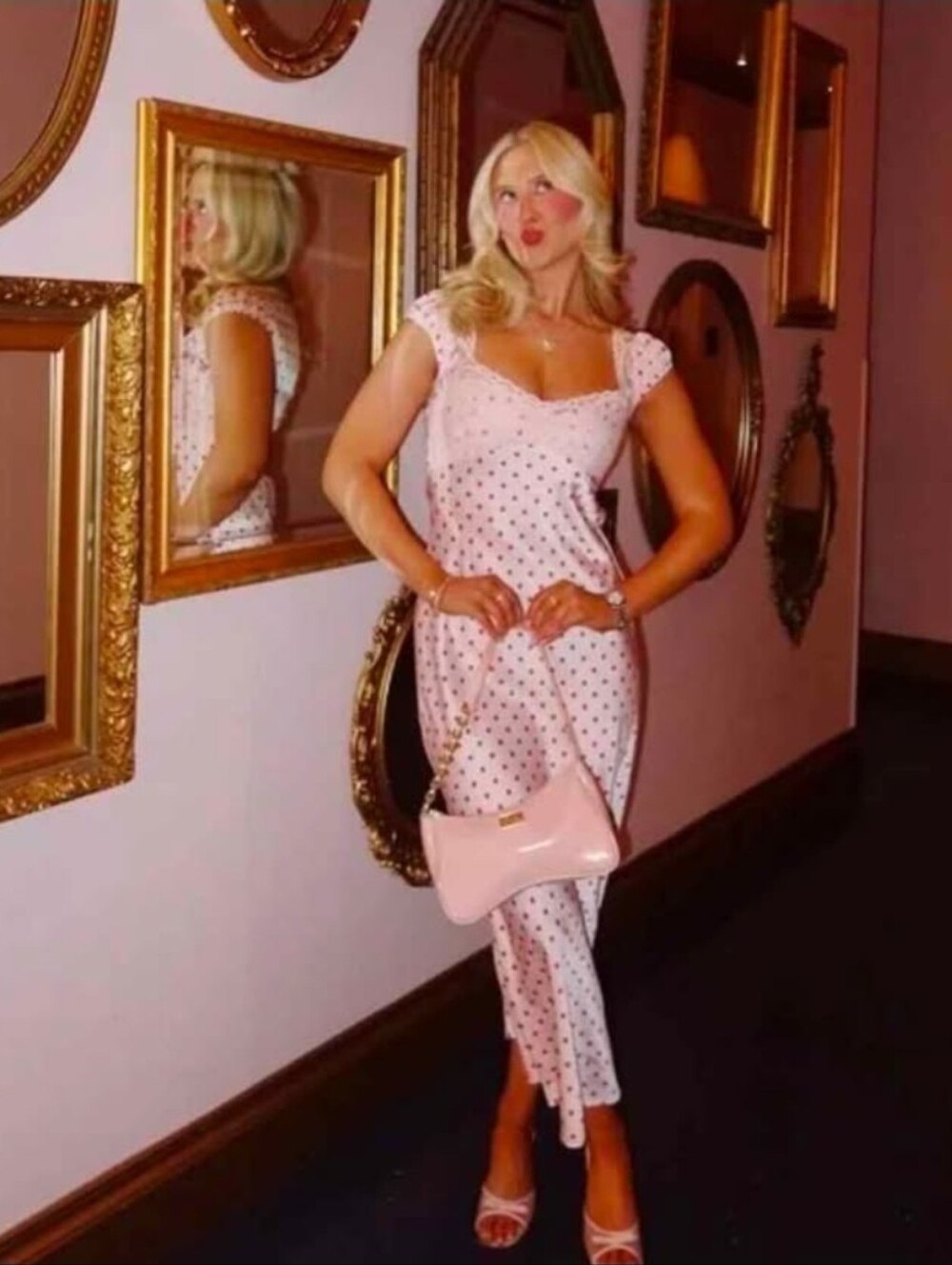 Thirty Thirty Pink Satin Red Polka Dot Midi Dress